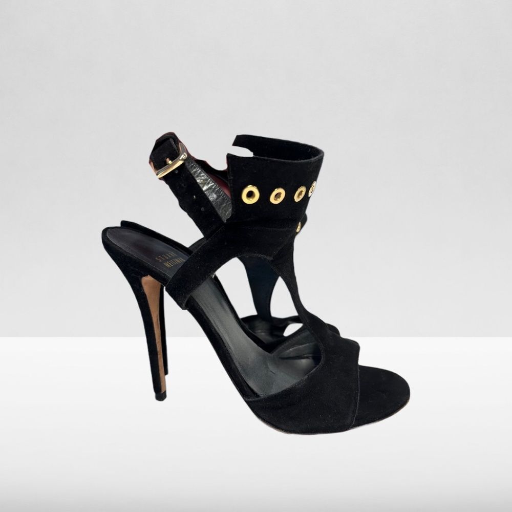 Stuart Weitzman Black Suede French Cuff T Strap High Heel Sandal Size 9